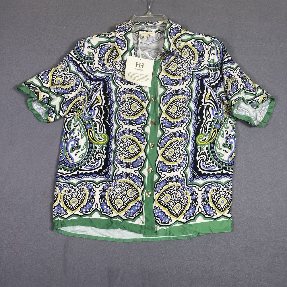 NWT Haute Hippie Green Blue White Button Paisley Blouse Shirt Women XS